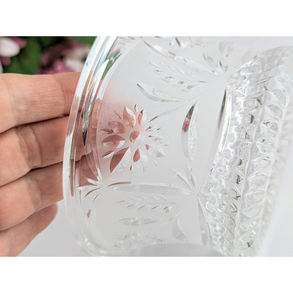 Vintage Frosted Crystal Candy Dish Floral Cut to Clear Glass Pedestal Bowl - Picture 5 of 10